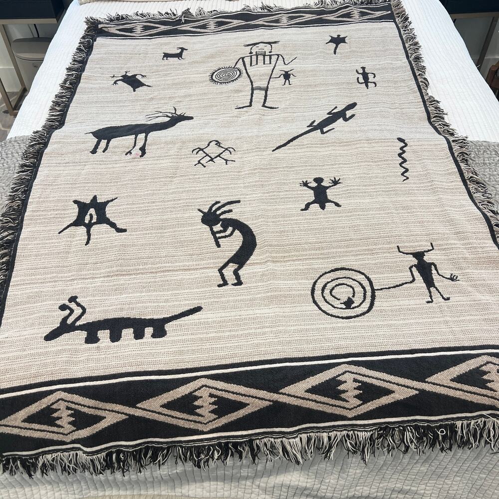 Southwestern-style woven afghan throw blanket Native American Tribal Kokopelli